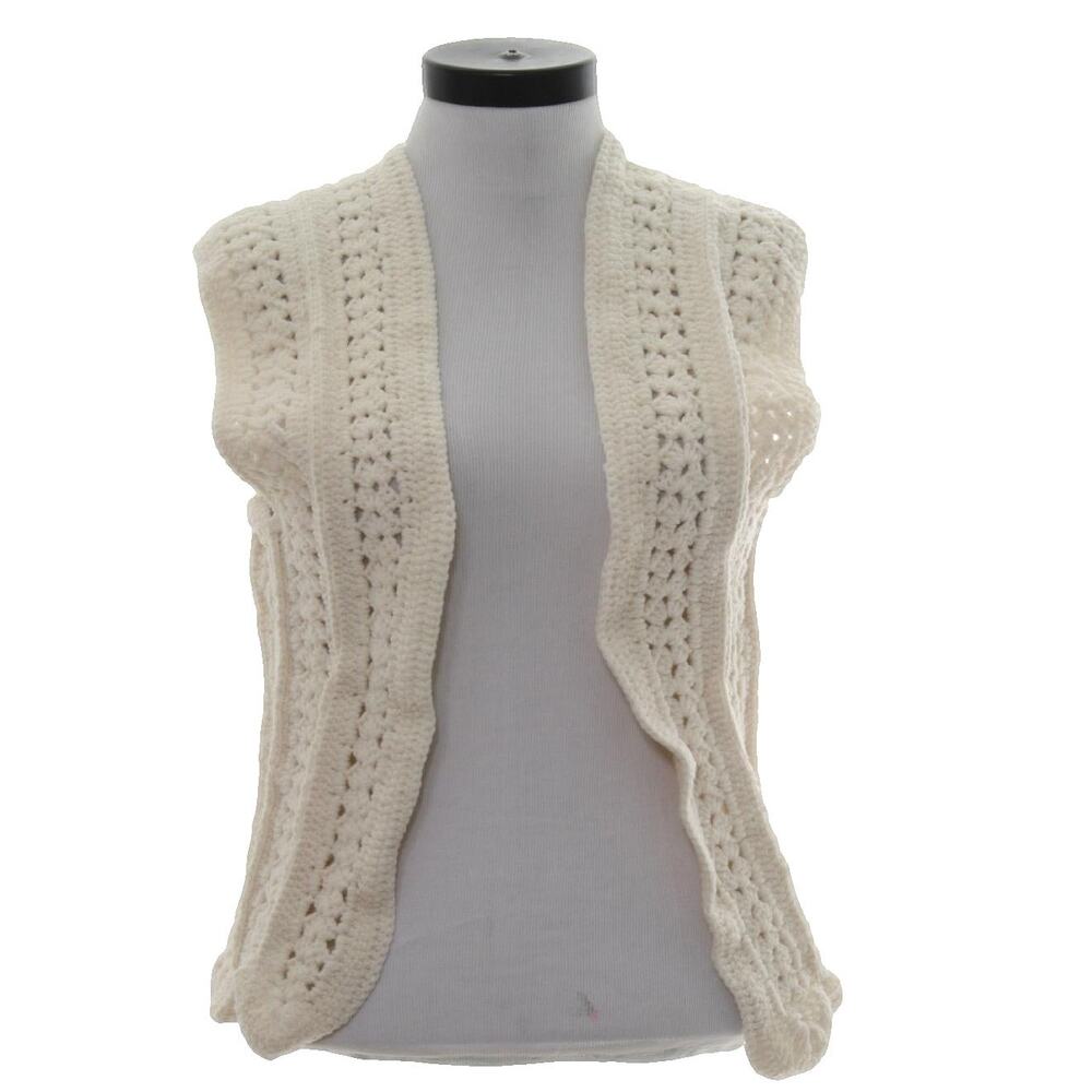 Vintage 70s Hand Crochet Cream Acrylic Boho Open Front Sweater Vest